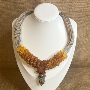 Raw Baltic amber brown ombré on linen cord necklace